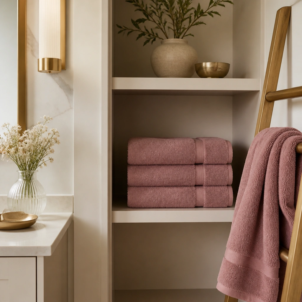 Three folded dusty rose towels on open shelving, with one towel slightly draped over a small ladder rack; a cream countertop and gold accents frame the arrangement.