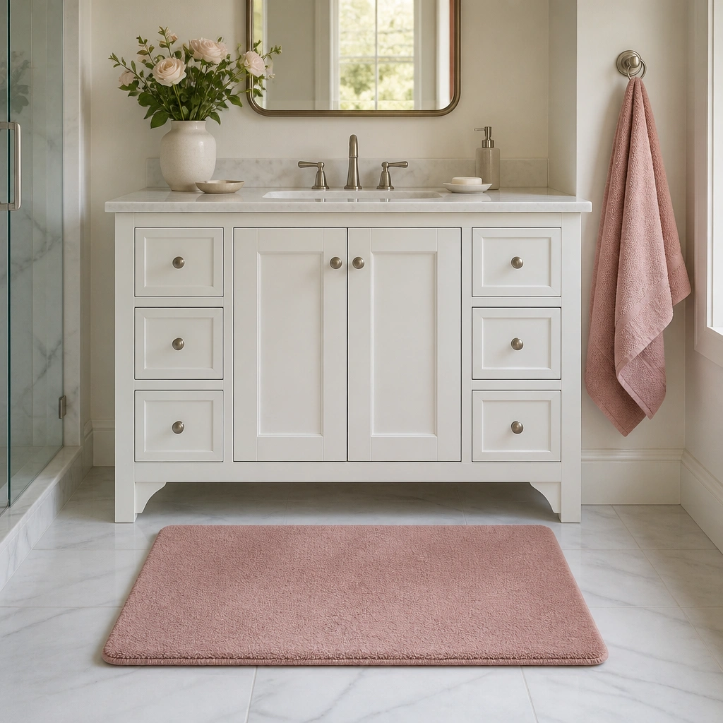 A rose-pink low-pile bath mat placed centered in front of a white vanity; it matches a rose-toned hand towel on a hook.