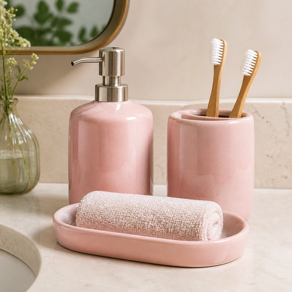 A countertop set of a glossy pink ceramic soap dispenser and a pink cup toothbrush holder on a cream stone vanity; a small tray holds a rolled hand towel.