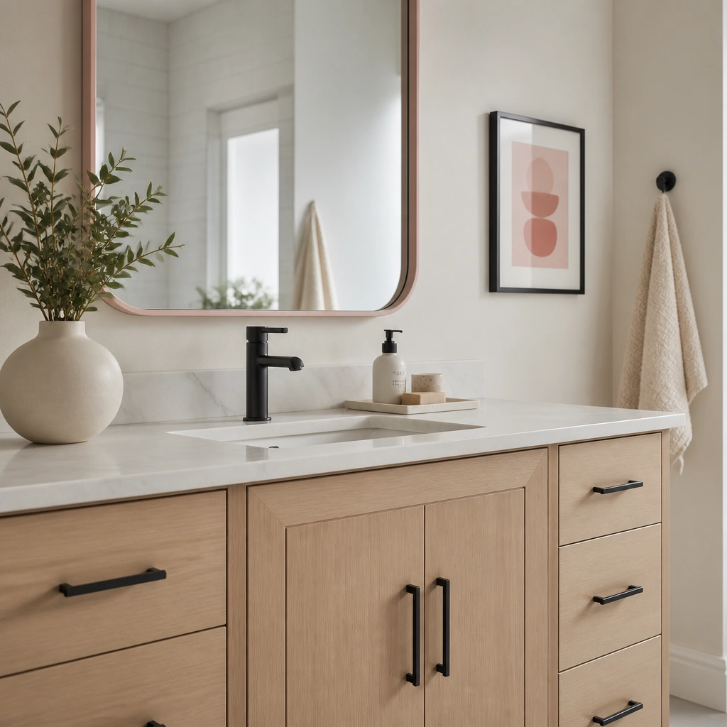 A vanity with matte black cabinet pulls and a narrow blush-pink accent strip along the edge of the mirror frame; a small framed print adds a matching pink tone.