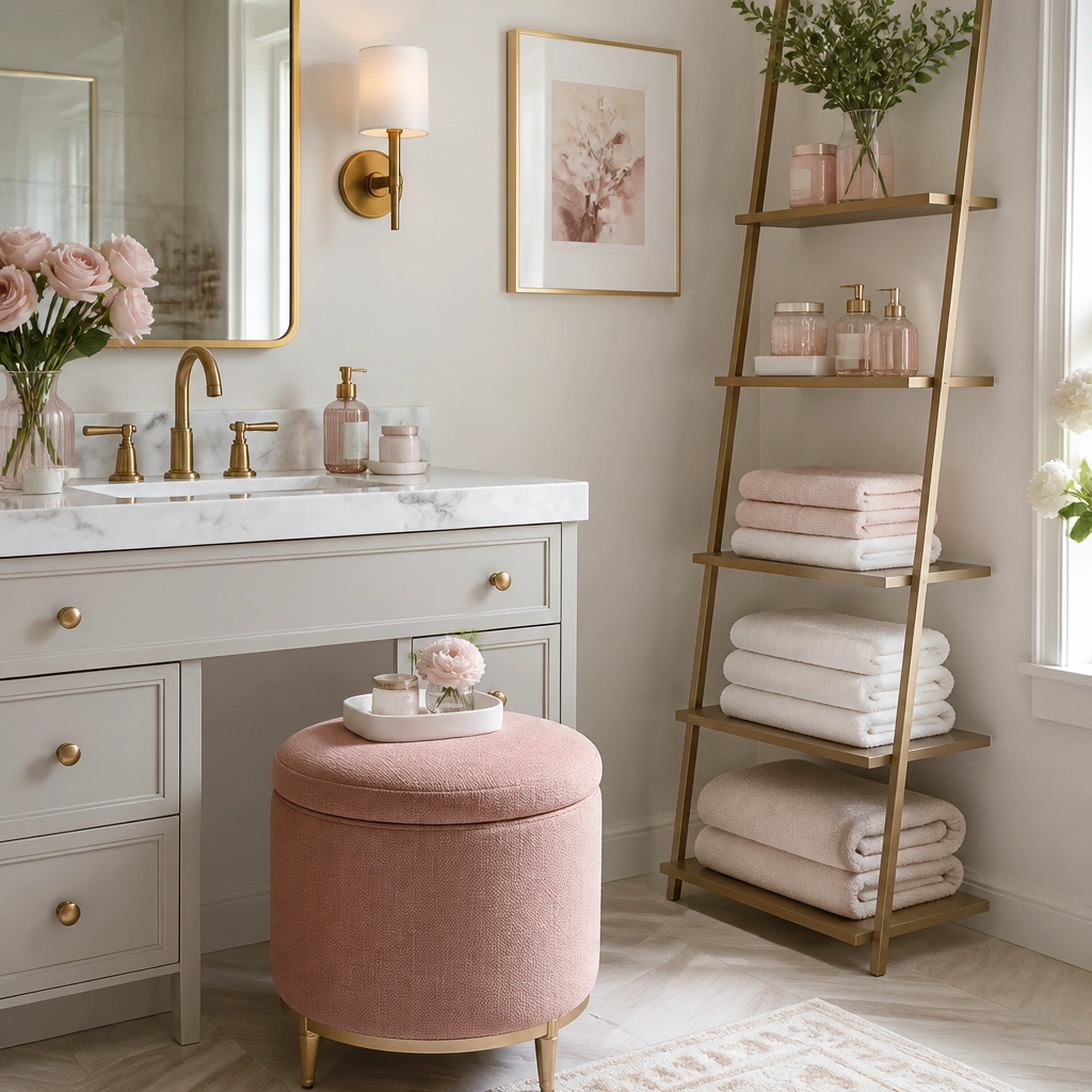 A warm pink upholstered vanity stool beside the sink with a small white tray; a slim ladder shelf holds pink-labeled jars and neatly folded towels.