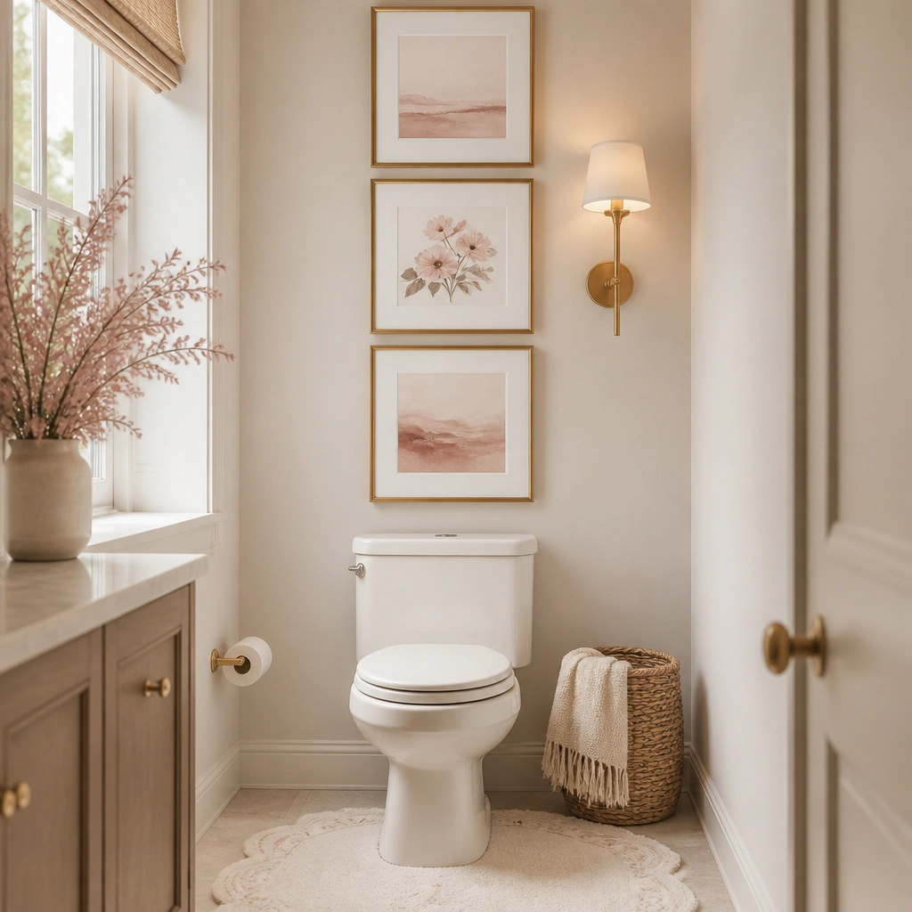 A vertical gallery wall above a toilet featuring 3 framed prints in blush and dusty rose tones; a small gold sconce and a cream rug soften the space.