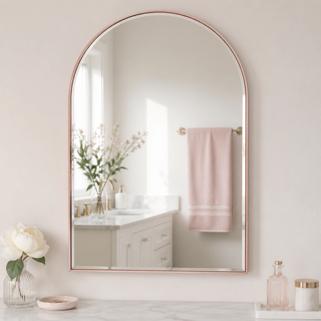 A mirror with a subtle blush-tinted edge trim; the reflection shows a white vanity and a soft pink towel folded on a bar.