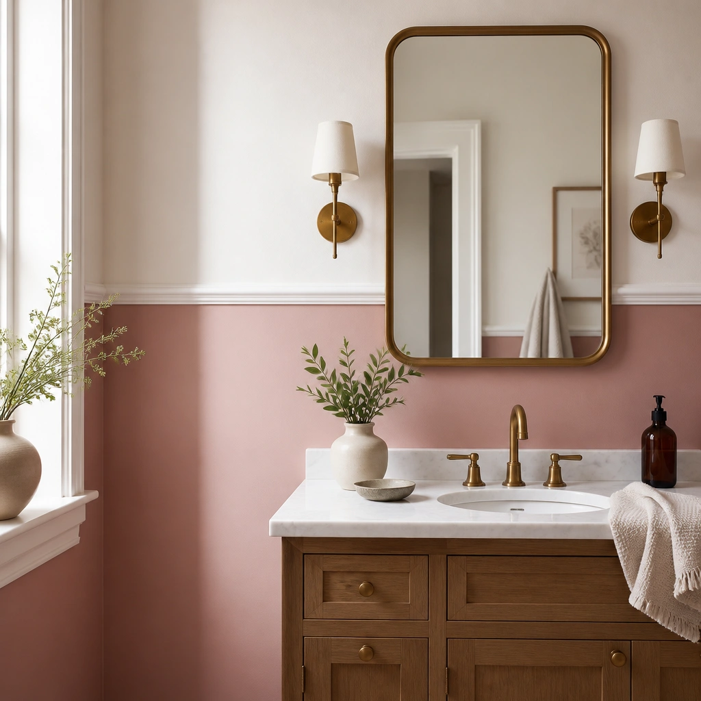 A bathroom half-wall painted a muted rose pink, with the upper wall in creamy white; a white chair rail and a framed mirror sit above the vanity.